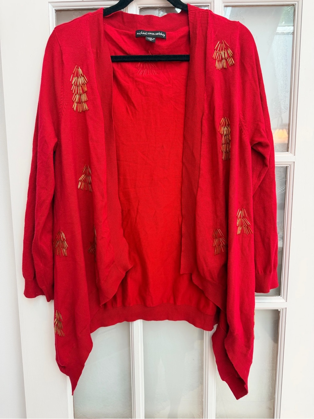 Michael Simon Festive Holiday Red Open-Front Cardigan Sweater Gold Beads Size XL